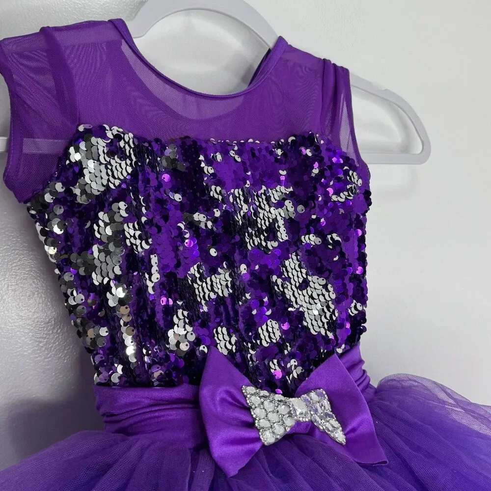 Weissman Dance Costume IC Sequins Jewel Curly Hem Tricot Skirt Bow Purple